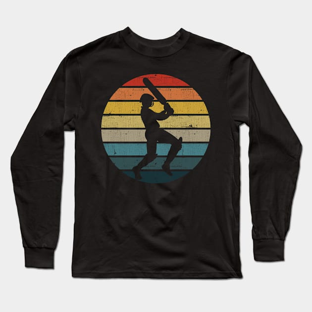 Cricket Player Silhouette On A Distressed Retro Sunset graphic Long Sleeve T-Shirt by theodoros20